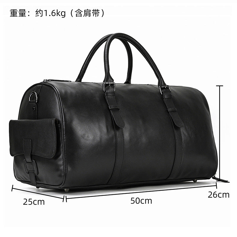 Black Genuine Leather Travel Duffle with Shoe Compartment, Top Layer Cowhide Cylindrical Gym Bag, Premium Top Handle Luggage for Men