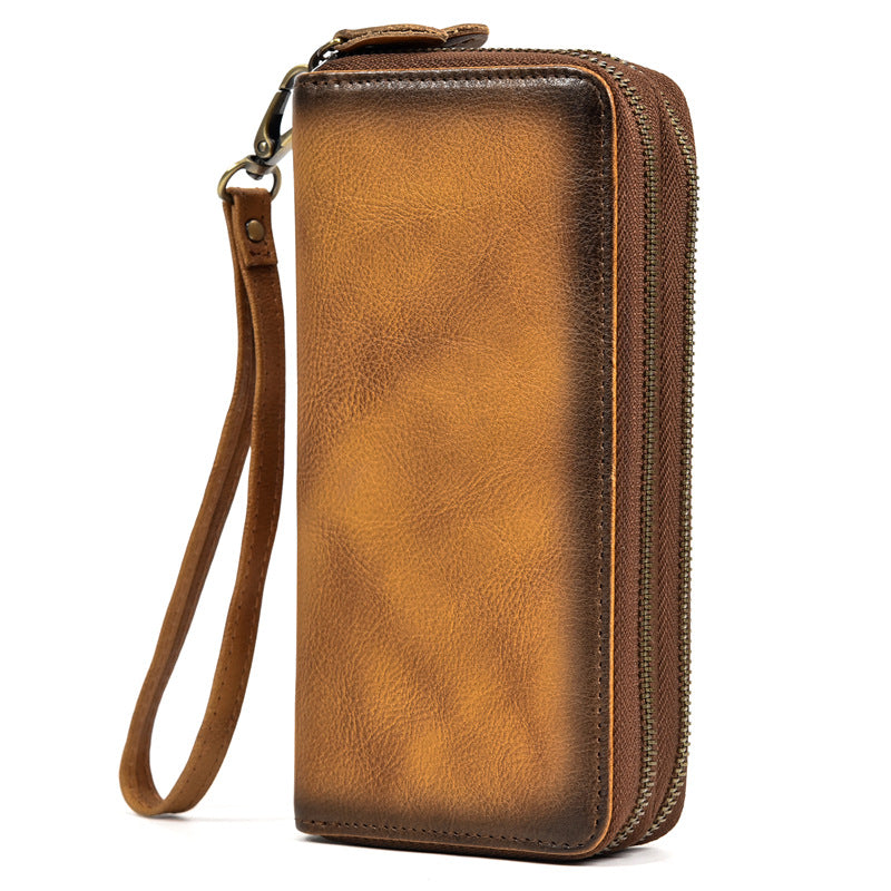 Crazy Horse Leather Double Zipper Long Wallet, Multi-Card Large Capacity Clutch, Genuine Leather Phone Bag for Men