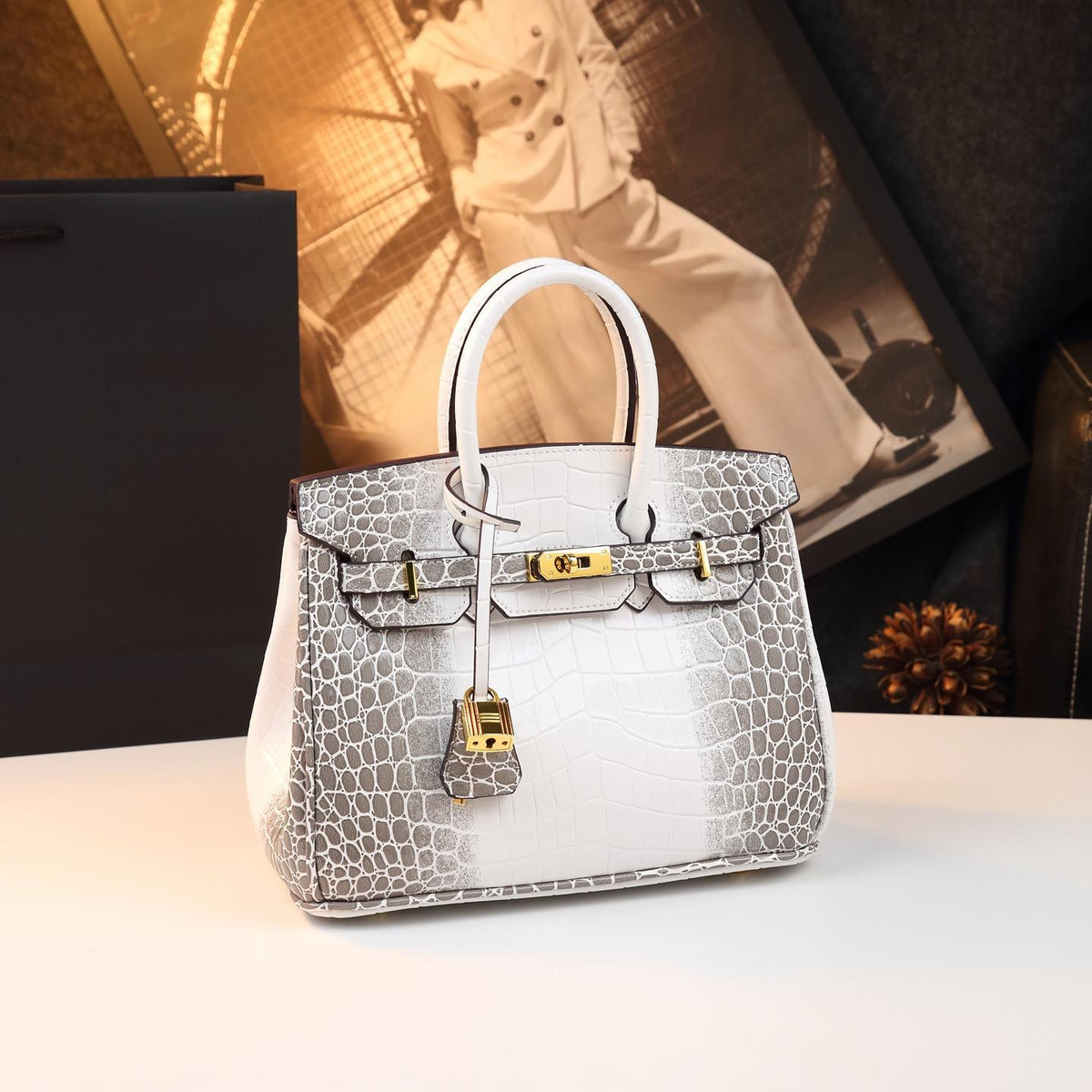 Chic Croc-Embossed Birkin-Inspired Tote Bag for Women, Premium Genuine Leather Shoulder Crossbody Top-Handle Handbag with Dopamine Bright Colorful Style, High-End Everyday Purse