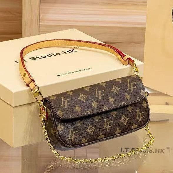Genuine Leather Monogram Small Square Crossbody Bag for Women, New Spring Summer Classic Shoulder Top Handle Purse, Niche Designer Handbag for Ladies