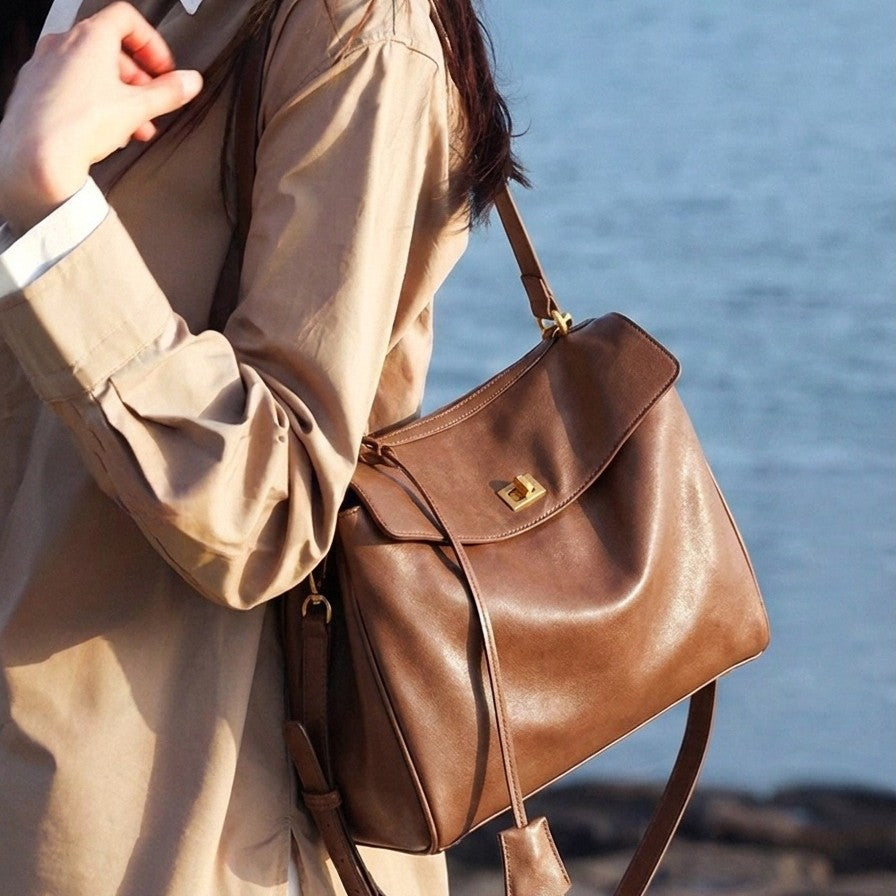 Genuine Vegetable-Tanned Leather Large Capacity Tote Bag for Women, 2026 New Commute Top Handle Crossbody Purse, Premium Textured Everyday Handbag for Ladies