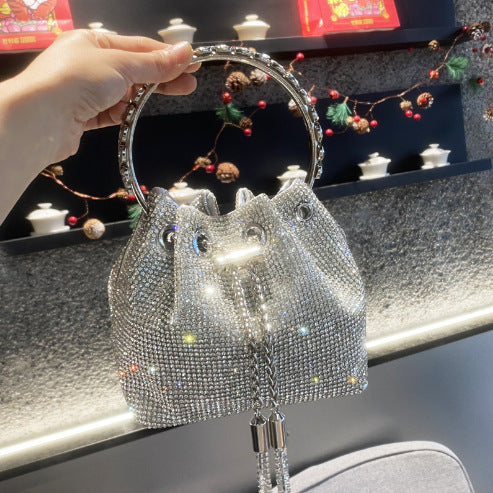 New Rhinestone Bucket Bag with Round Handle, Chain Shoulder & Crossbody Small Diamond Bag