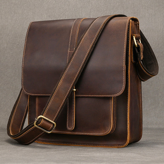 Vintage Crazy Horse Leather Flap Crossbody Briefcase, A4 Size Shoulder Bag, Work Commute Bag for Men