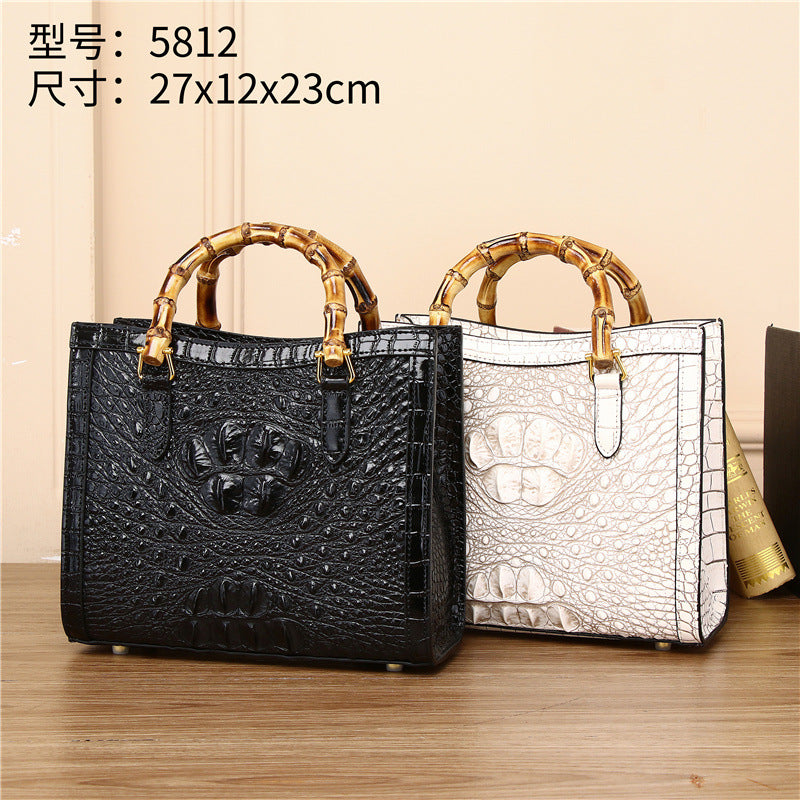 New Arrival Genuine Leather Bamboo Handle Bag for Women, A Large Capacity Shoulder Crossbody Handbag with Himalayan White Croc-Effect Finish, Perfect for Banquets & Everyday Style