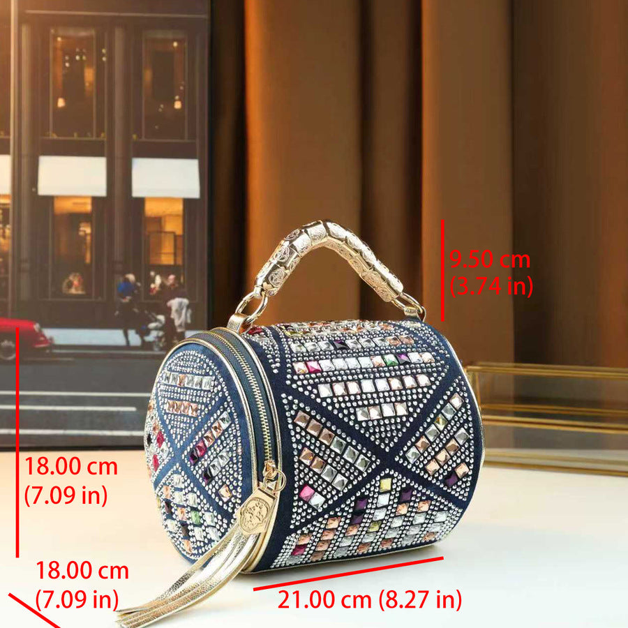 New Spring/Summer Colorful Rhinestone Cylinder Bag for Women, A Spring/Summer American Style Woven Shoulder Crossbody Handbag with Sparkly Design