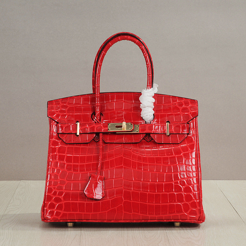 Genuine Leather Crocodile-Embossed Birkin-Style Bag for Women, New Large Capacity Commute Top Handle Shoulder Crossbody Purse, Fashionable Versatile Handbag for Ladies