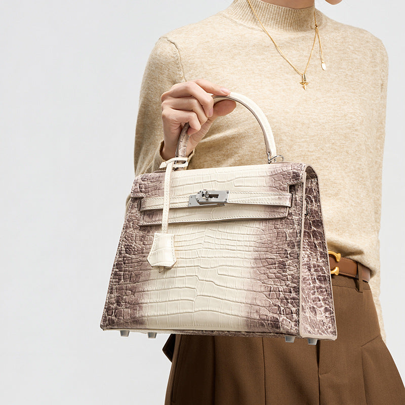 Genuine Top Layer Cowhide Crocodile-Embossed Kelly-Style Handbag for Women, Large Capacity Commute Shoulder Top Handle Purse, Premium Work Bag for Ladies