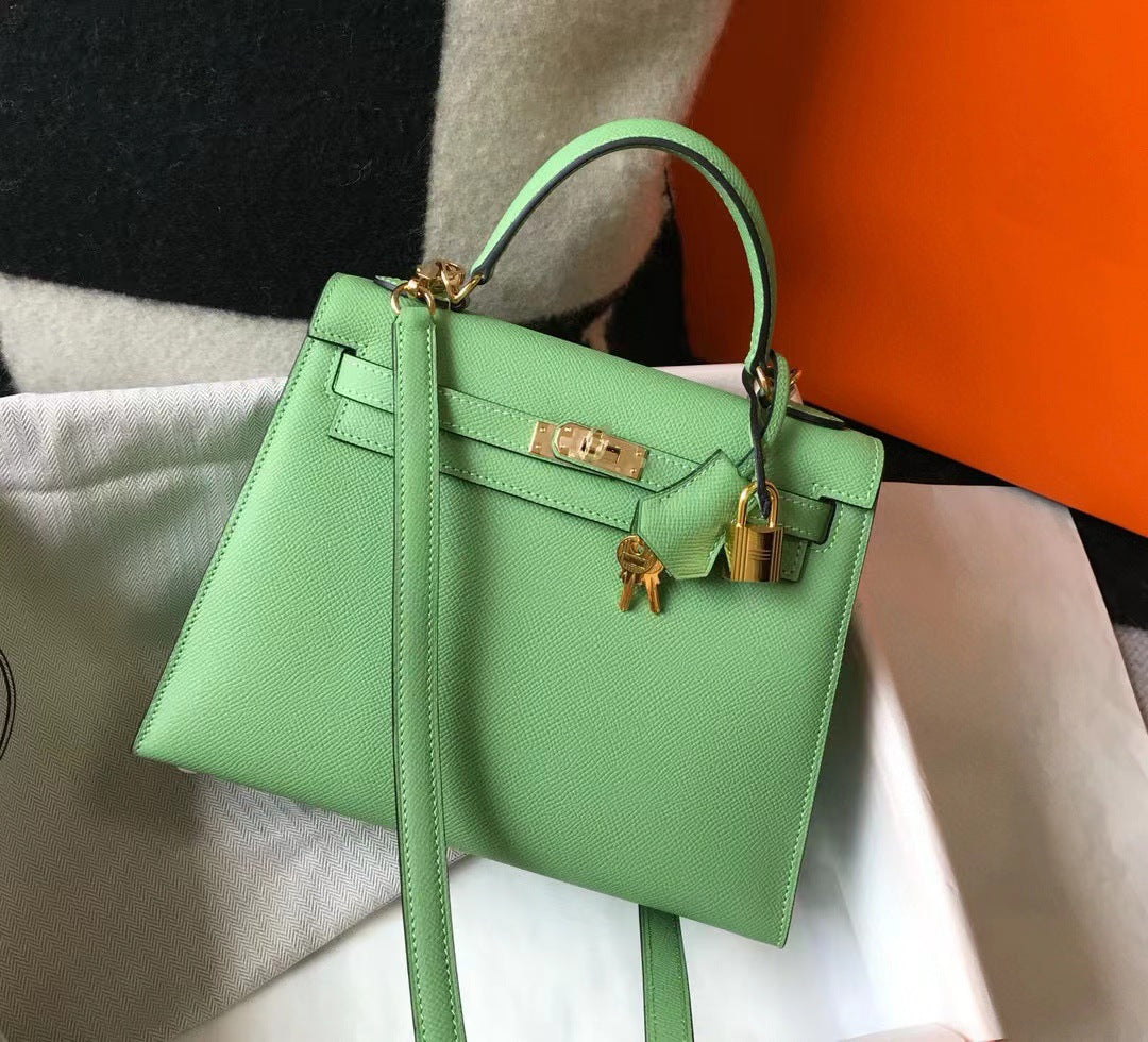 Genuine Epsom Calfskin Leather Kelly-Style 25/28 Top Handle Bag for Women, Premium Commute Handbag with Chic Fashionable Design for Ladies