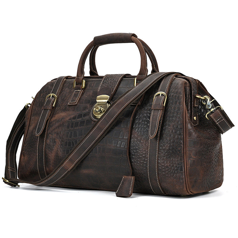 Crocodile-Embossed Leather Large Capacity Travel Duffle with Lock, Top Handle Shoulder Crossbody Bag, Premium Outdoor Luggage for Men