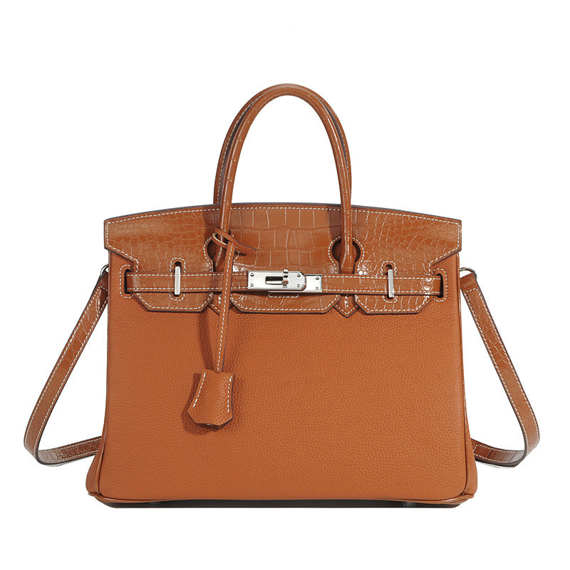 Genuine Top Layer Cowhide Patchwork Handbag for Women, New Pebbled & Crocodile-Embossed Crossbody Top Handle Purse, Trendy Leather Bag for Ladies