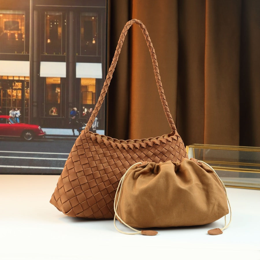 Handwoven Suede Shell Tote Set for Women with Detachable Sub-Bag, Niche Shoulder Handbag with Basket-Style Design