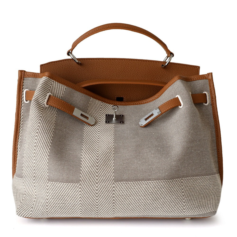 Chic Canvas & Leather Birkin-Inspired Tote Bag for Women, Vintage Large Capacity Shoulder Top-Handle Handbag with Premium Design, Perfect Commuter Purse