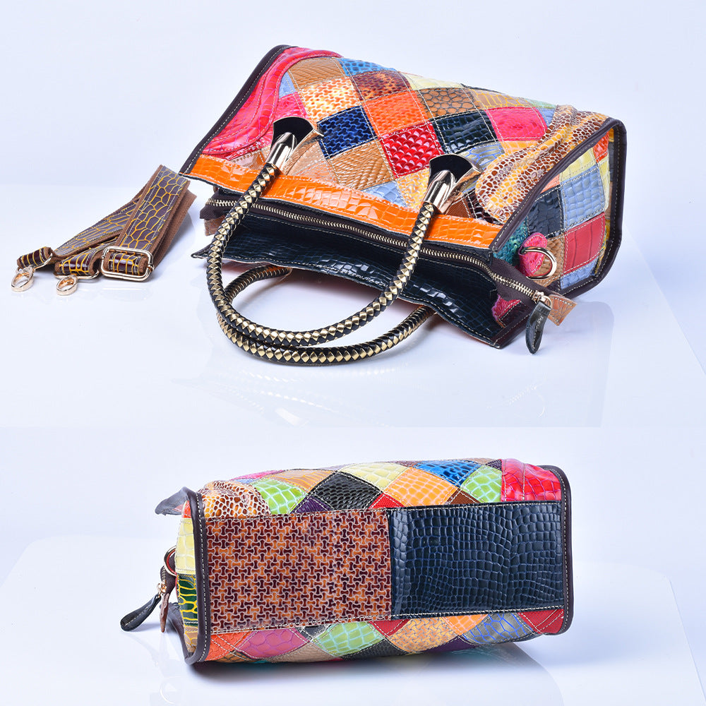 Snakeskin Patent Leather Color Block Bag, Trendy Shoulder Crossbody Purse, Cool Chic Handbag for Women