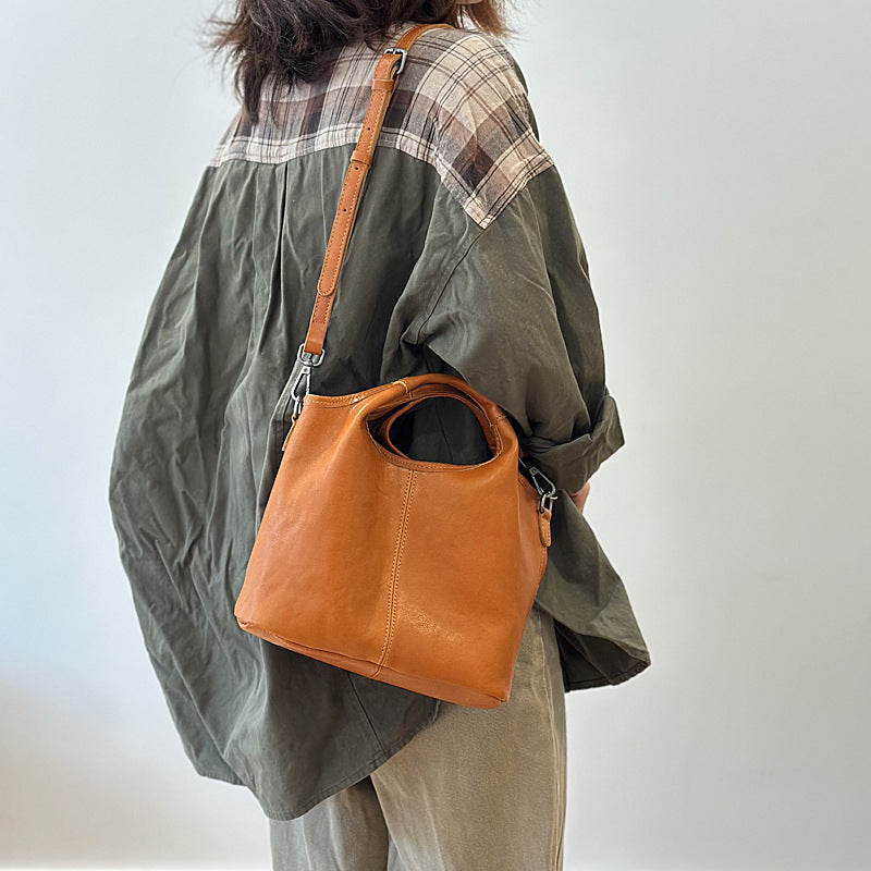Genuine Vegetable-Tanned Cowhide Handbag for Women, New Fall Light Vintage Shoulder Crossbody Top Handle Purse, Minimalist Versatile Everyday Bag for Ladies