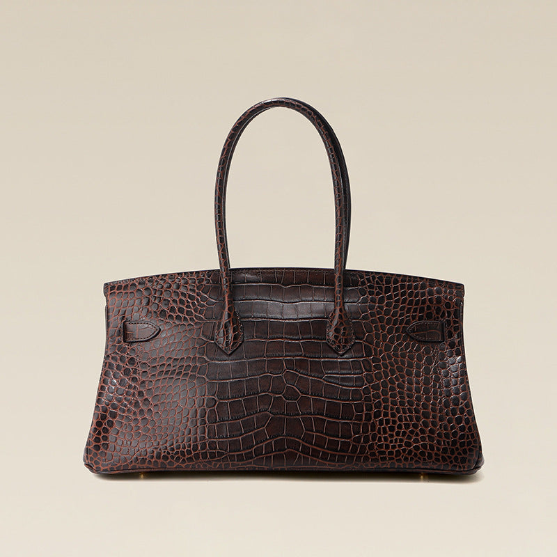 Chic Croc-Embossed Birkin-Inspired Horizontal Tote Bag for Women, Premium Top-Layer Cowhide Large Capacity Underarm Shoulder Handbag with Unique Boutique Style