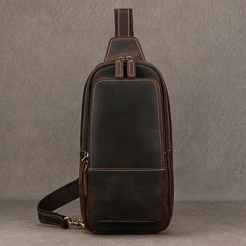 Crazy Horse Leather Minimalist Chest Bag, Casual Crossbody Shoulder Pouch, Outdoor Commute Bag for Men