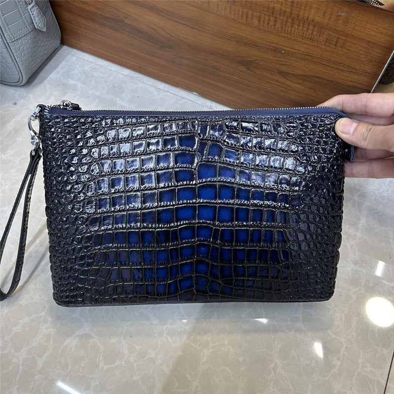 New Arrival Genuine Leather Croc-Effect Wristlet Clutch for Men, A Large Capacity Envelope Hand Grab Bag with Multiple Compartments & Detachable Wrist Strap