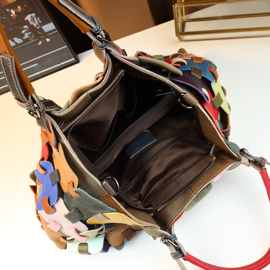 Woven Cowhide Patchwork Tote Bag for Women Large Capacity Colorful Top Handle Shoulder Crossbody Handbag with Premium Leather Craftsmanship