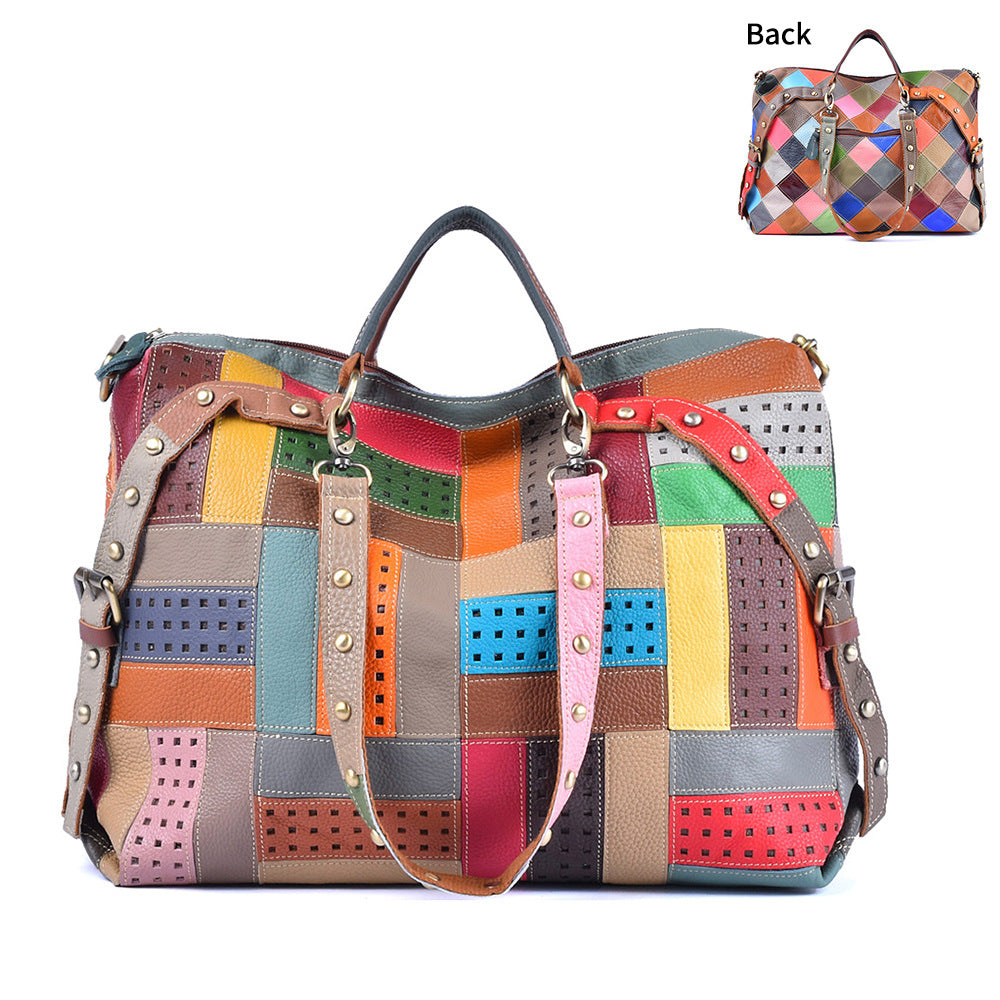 Genuine Leather Color Block Handbag for Women, Trendy Niche Design Crossbody Shoulder Bag, New Style Top Handle Purse for Ladies