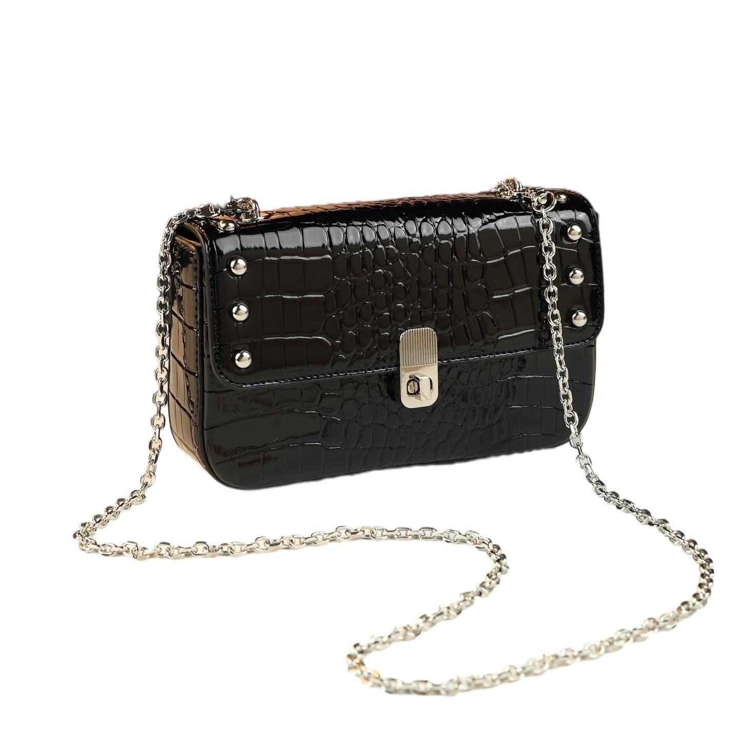 New Arrival Croc-Effect Studded Flap Biker Bag for Women, A Small Chain Crossbody Shoulder Handbag with Fashionable Design