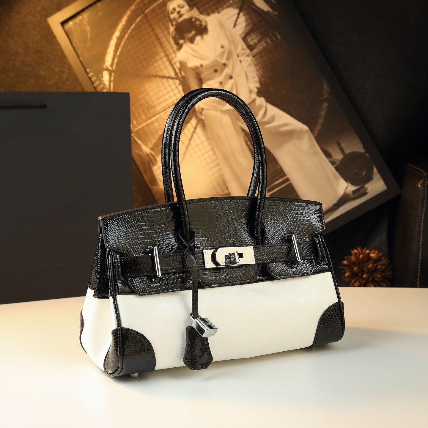 Chic Lizard-Effect Birkin-Inspired Tote Bag for Women, Premium Genuine Leather Top-Handle Crossbody Shoulder Handbag with Trendy Elegant Design, Ideal Everyday Purse for Mom
