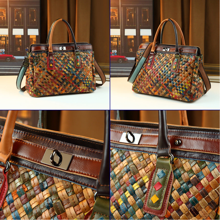 Woven Genuine Leather Tote Bag for Women Large Capacity Travel Shoulder Crossbody Handbag, Versatile Everyday Carryall with Artisan Woven Detail