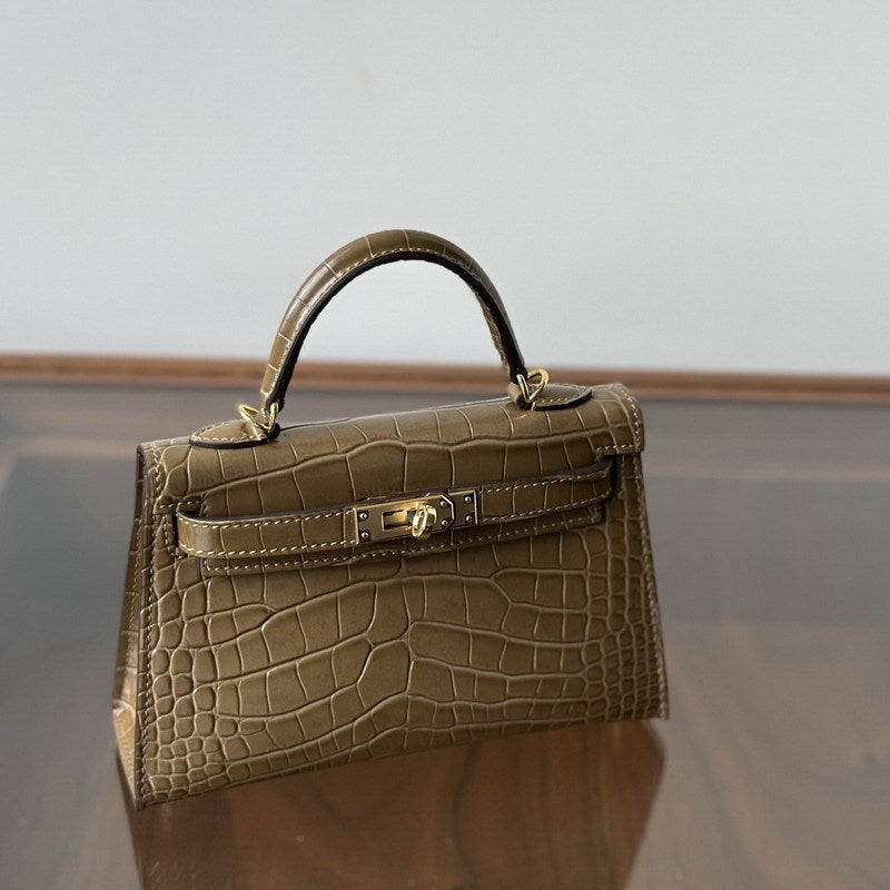 Genuine Leather High-Gloss Crocodile-Embossed Kelly-Style Bag for Women, New 2nd Gen Mini Top Handle Shoulder Purse, Premium Handbag for Ladies