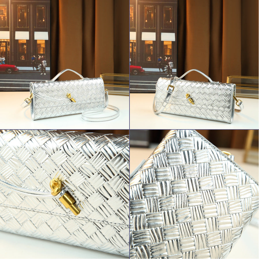 New Arrival Hand-Woven Line Pattern Evening Bag for Women, A Horizontal Baguette Clutch with High-End Look & Fashionable Design