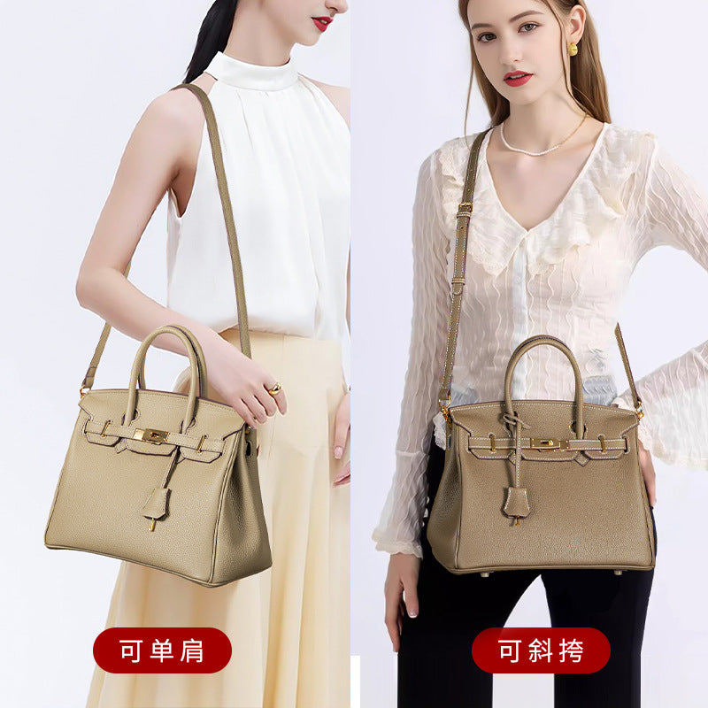 Handcrafted Waxed Thread Birkin-Inspired Tote Bag for Women, Top-Layer Pebbled Cowhide Leather with Elegant Turn-Lock Closure, Premium Everyday Handbag