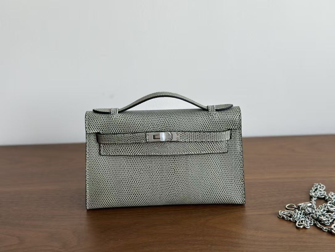 Genuine Lizard-Embossed Cowhide Mini Kelly-Style Bag for Women, Hermès-Inspired Shoulder Crossbody Top Handle Purse, Light Luxury Everyday Handbag for Ladies
