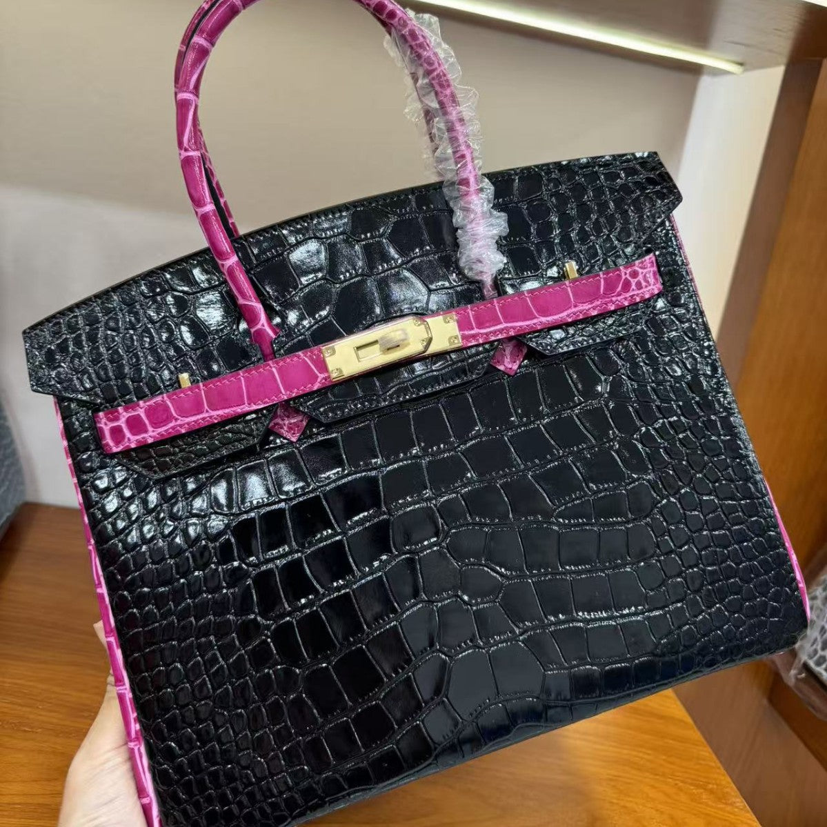 Genuine Top Layer Cowhide Crocodile-Embossed Birkin 30 Bag for Women, Hermès-Style Internal Stitching Color Block Top Handle Purse, Premium Leather Handbag for Ladies