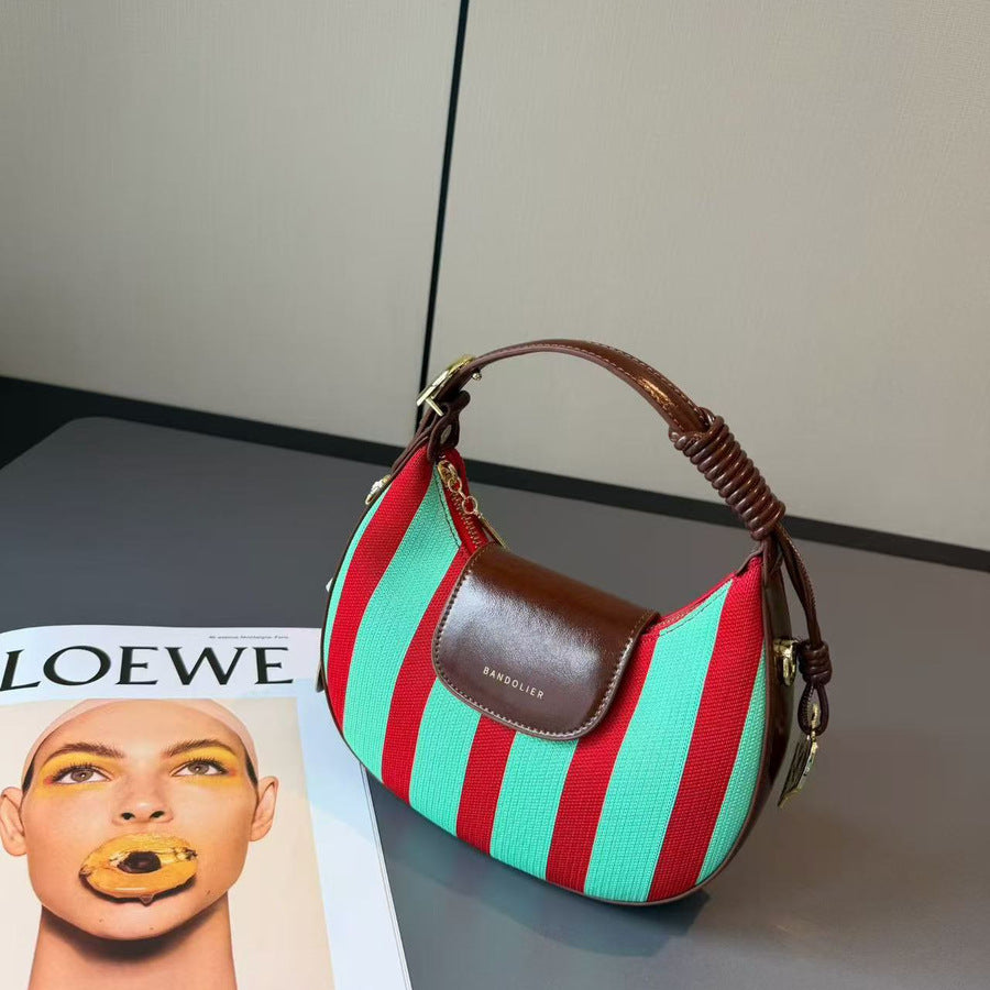 Color-Block Crescent Bag for Women Fall Winter Light Luxury Top Handle Shoulder Crossbody Purse, High-Quality Versatile Going-Out Handbag with Chic Contrast Design
