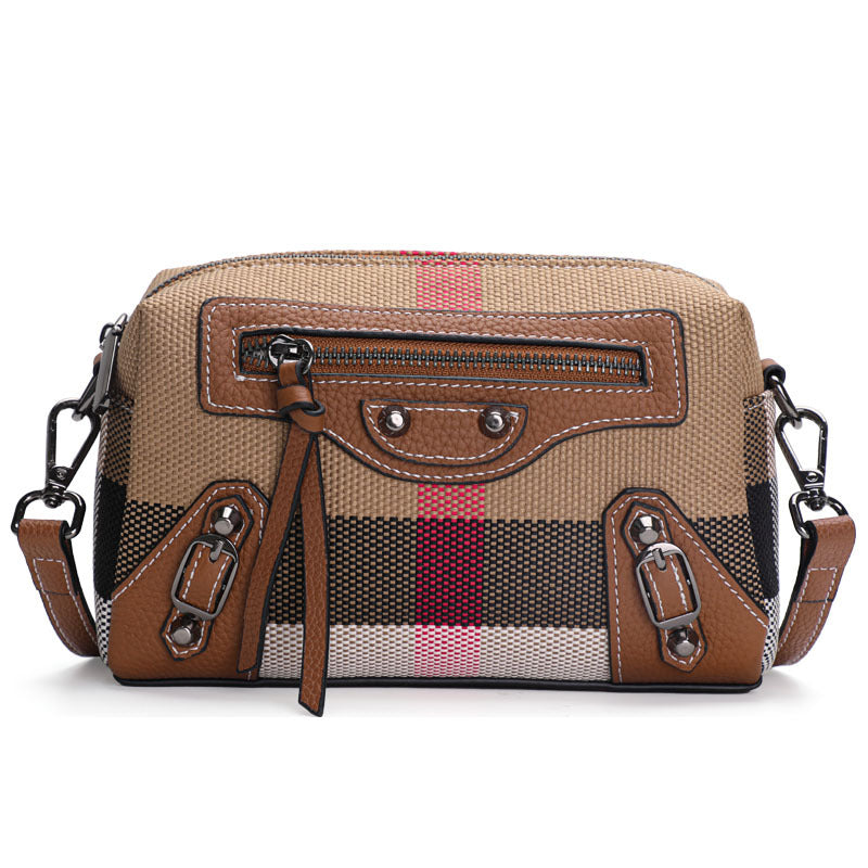 New Vintage Plaid Canvas & Leather Small Square Bag, Fashionable Versatile Crossbody Shoulder Purse, Retro Mini Handbag for Women