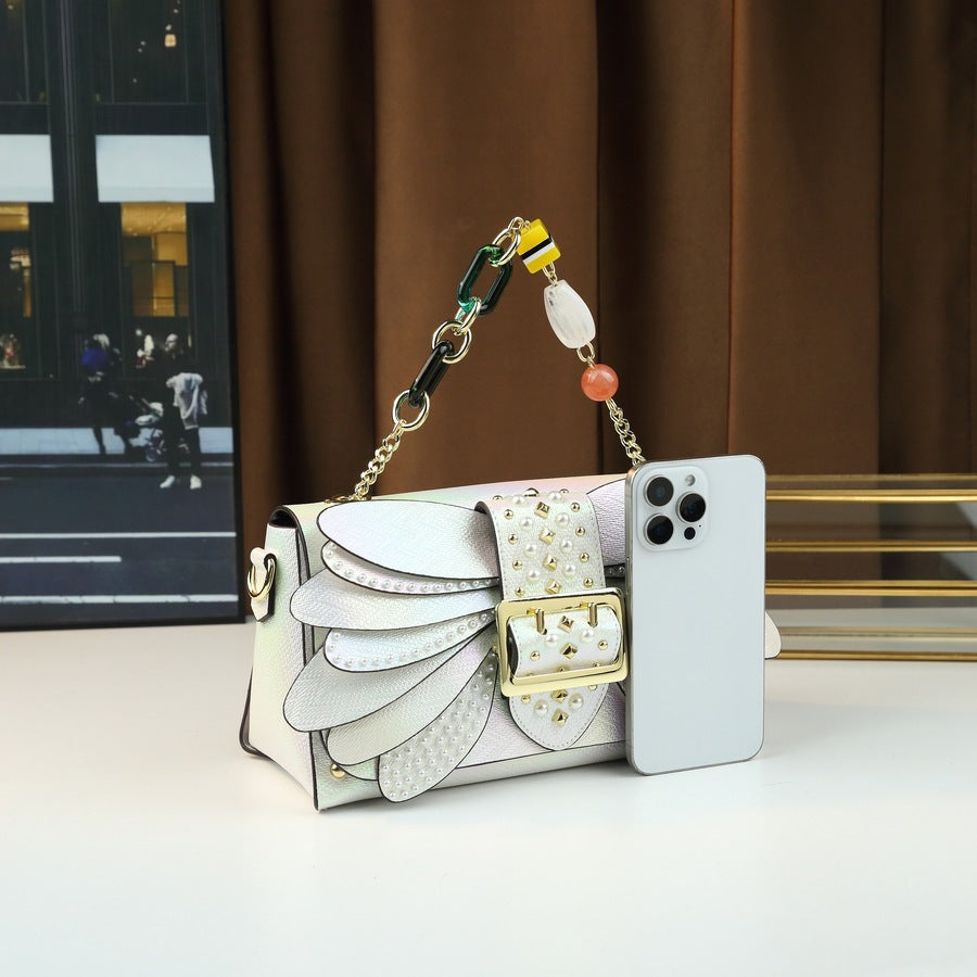 New Arrival Pearl Studded Wing Bag for Women, A Small Square Top-Handle Handbag with Acrylic Chain & Trendy Design, Perfect for Daily Style