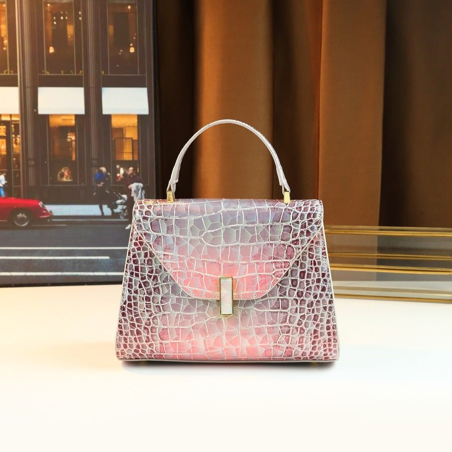 Chic Iridescent Croc-Effect Small Square Bag for Women, A Light Luxury Top-Handle Crossbody Shoulder Handbag with Shimmering Finish, Perfect for Summer Style