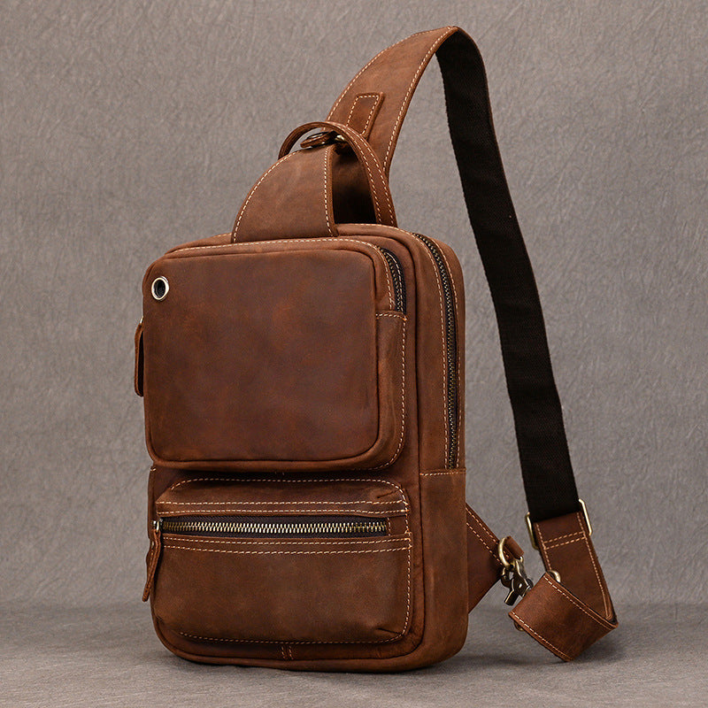 Large Capacity Crazy Horse Leather Chest Bag, Casual Crossbody Shoulder Pouch, Cowhide Bag Fits iPad for Men