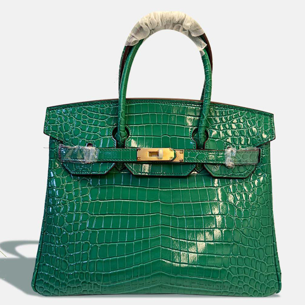 New Birkin Style Large Tote Bag for Women High Gloss Crocodile Embossed Genuine Leather Shoulder Handbag Crossbody Purse