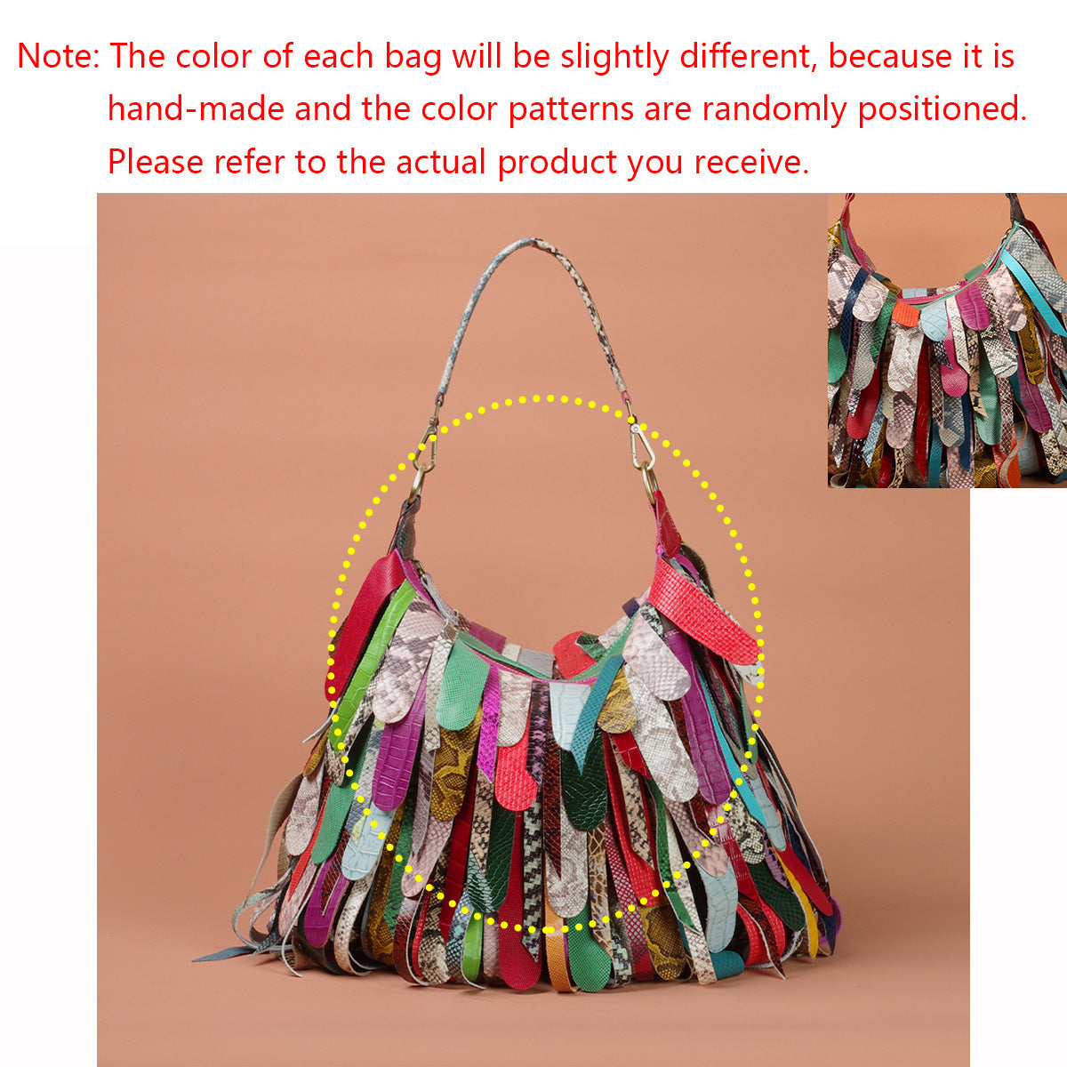 Genuine Leather Colorful Tassel Handbag for Women, Trendy Street Style Crossbody Shoulder Bag, New Patchwork Design Underarm Purse for Ladies