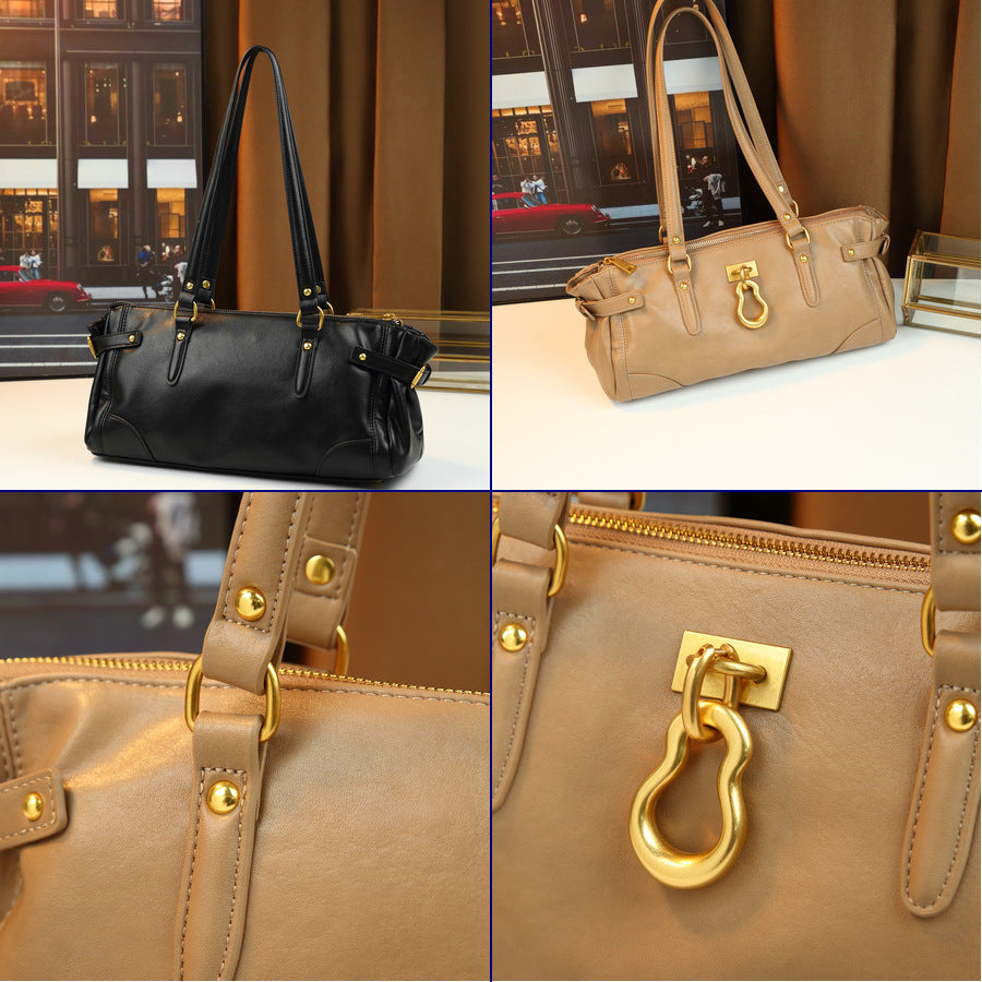Vintage Metal Gourd Charm Baguette Bag for Women Large Capacity Top Handle Shoulder Pillow Purse with Unique Hardware Accent