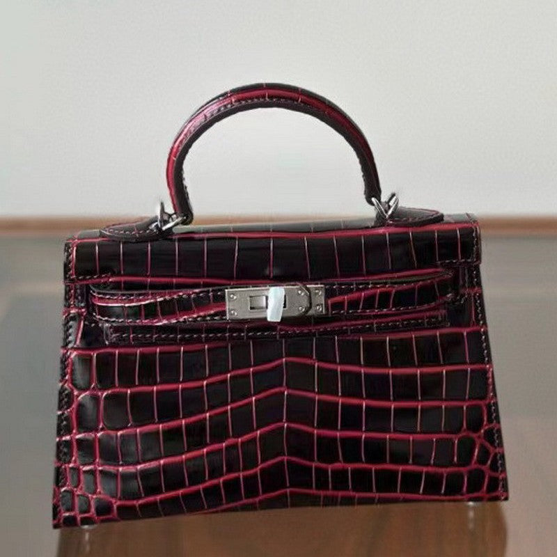Genuine Leather High-Gloss Crocodile-Embossed Kelly-Style Bag for Women, New 2nd Gen Mini Top Handle Shoulder Purse, Premium Handbag for Ladies