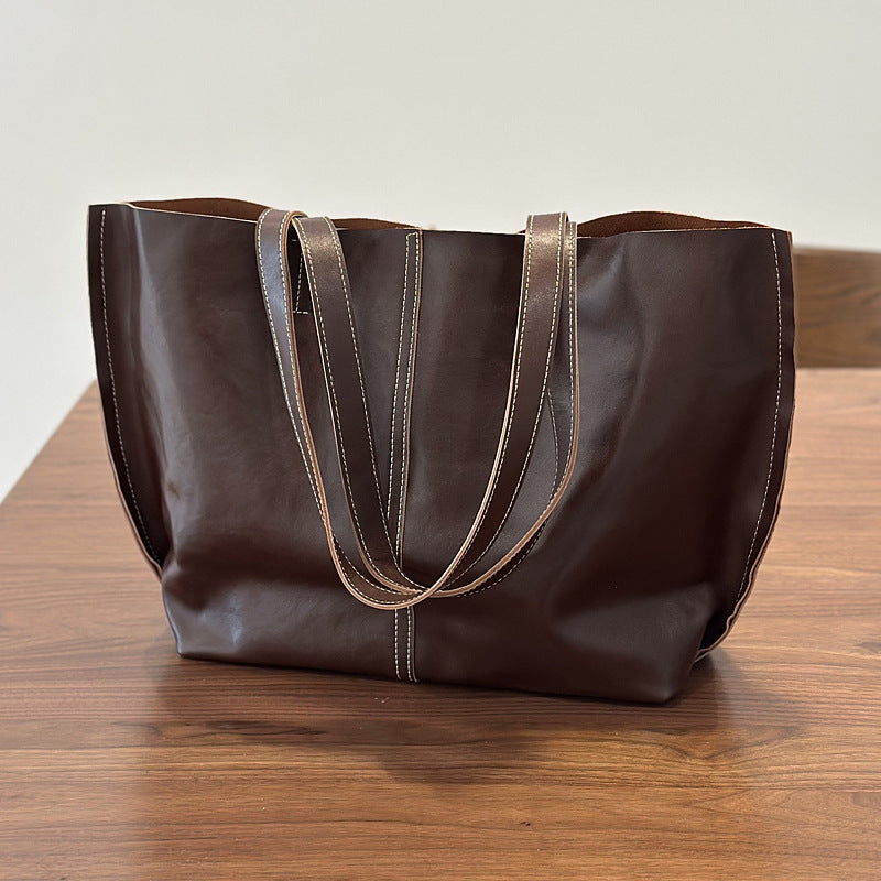 Genuine Top Layer Cowhide Tote Bag for Women, New Vintage Large Capacity Shoulder Top Handle Handbag, Minimalist Everyday Purse for Ladies