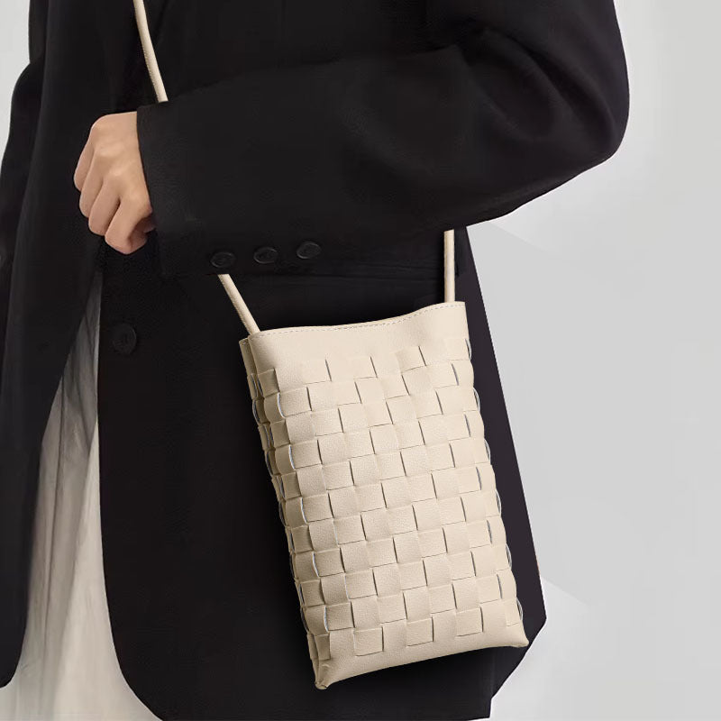 Genuine Leather Woven Vertical Phone Crossbody Bag for Women, New Niche Designer Mini Purse, Versatile Small Shoulder Bag for Ladies