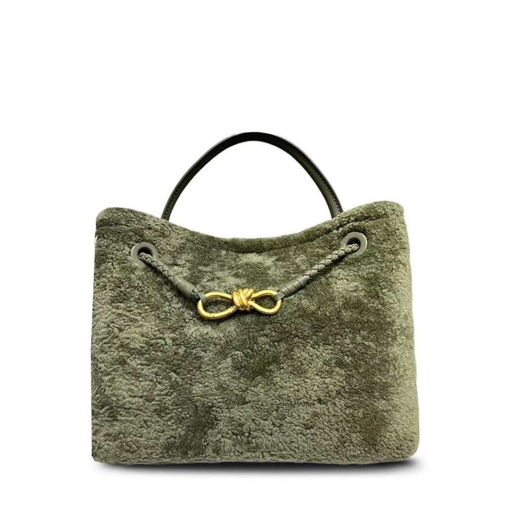 New Fall/Winter Lamb Wool Woven Tote with Metal Buckle, Vintage Large Commuter Shoulder & Crossbody Bag for Women