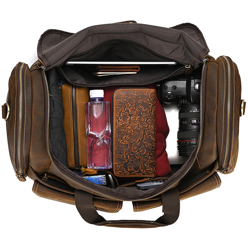 Large Capacity Crazy Horse Leather Travel Duffle, Top Handle Crossbody Business Bag, Premium Cowhide Luggage for Men