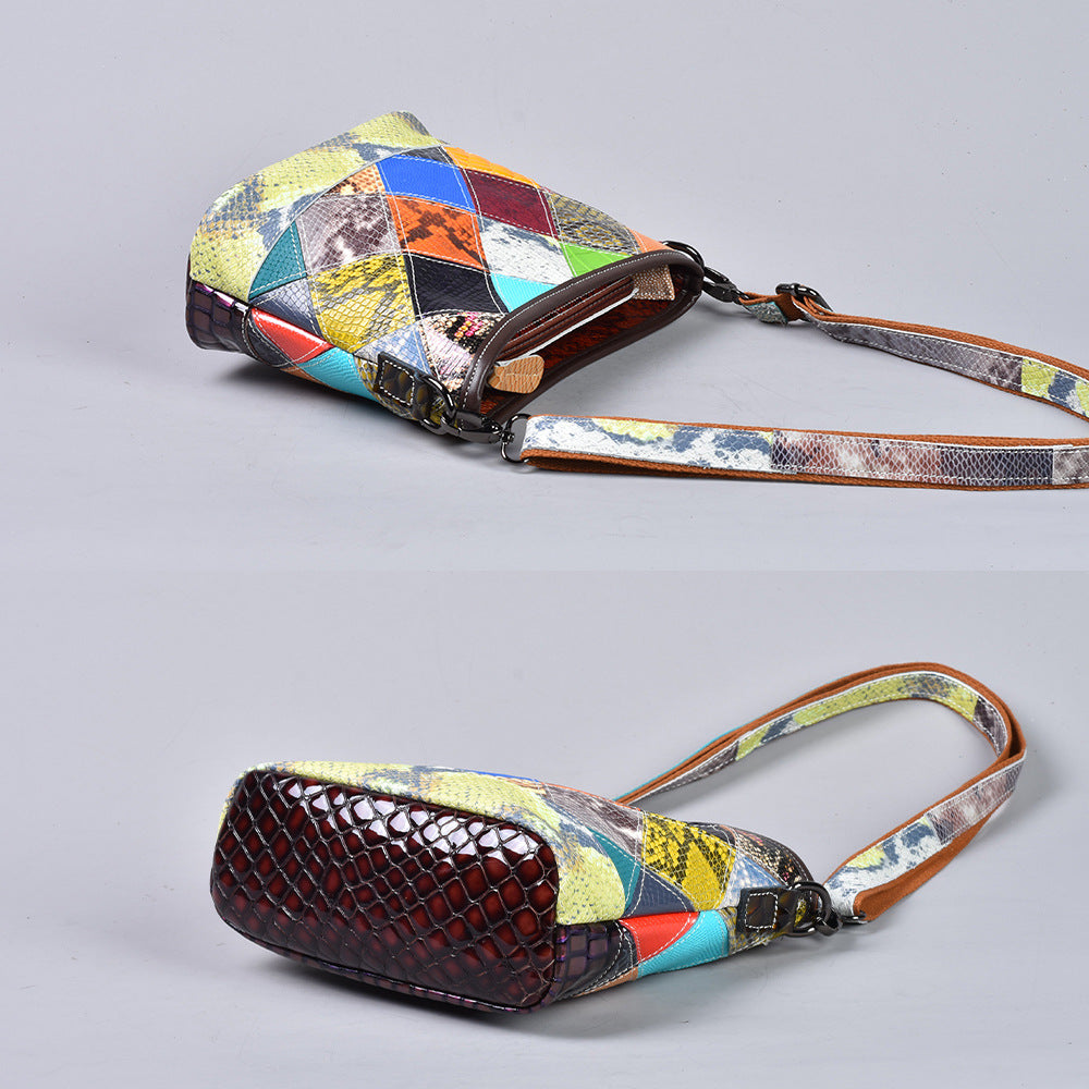 Snakeskin Colorful Patchwork Bag in Genuine Leather, Plaid Crossbody Shoulder Small Purse, Stylish Handbag for Women