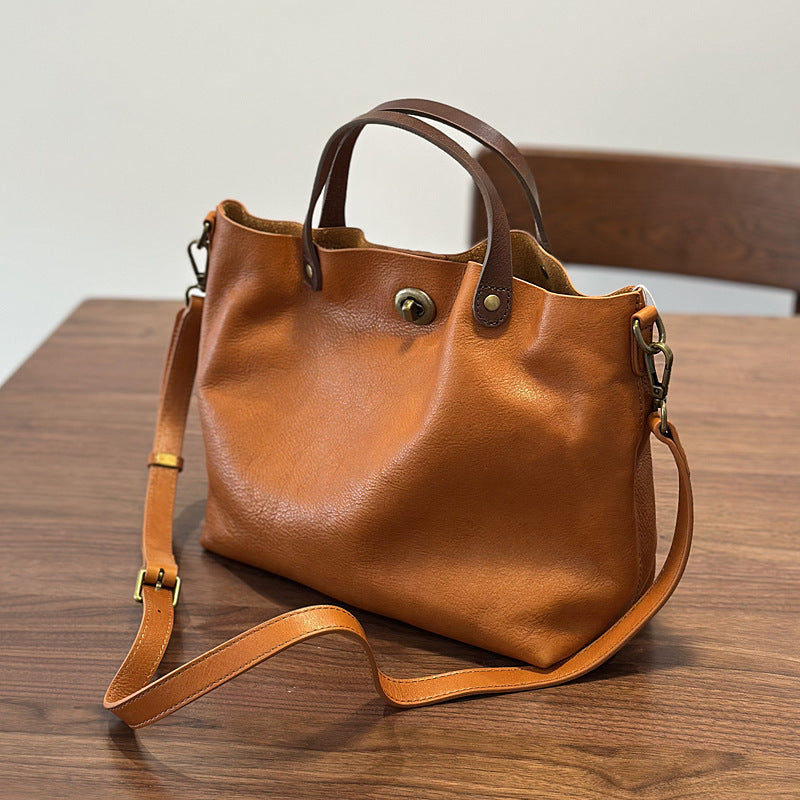 Genuine Vegetable-Tanned Cowhide Bag for Women, New Spring Summer Top Handle Shoulder Crossbody Purse, Vintage Lock Buckle Handbag for Ladies