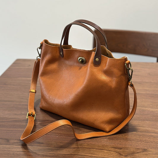 Genuine Vegetable-Tanned Cowhide Bag for Women, New Spring Summer Top Handle Shoulder Crossbody Purse, Vintage Lock Buckle Handbag for Ladies
