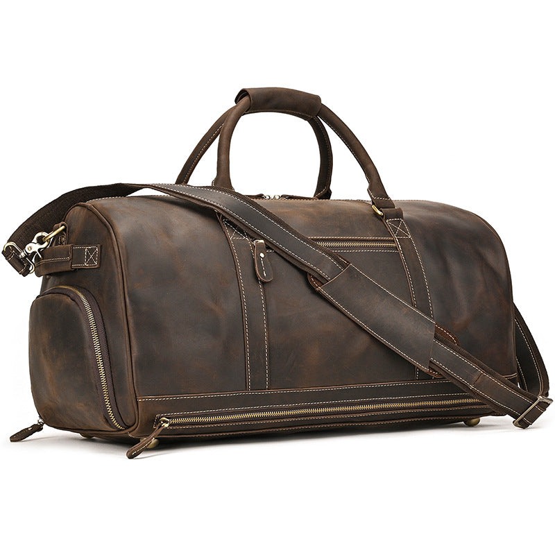 Crazy Horse Leather Large Capacity Travel Duffle with Shoe Compartment, Top Handle Shoulder Crossbody Bag, Premium Weekender for Men