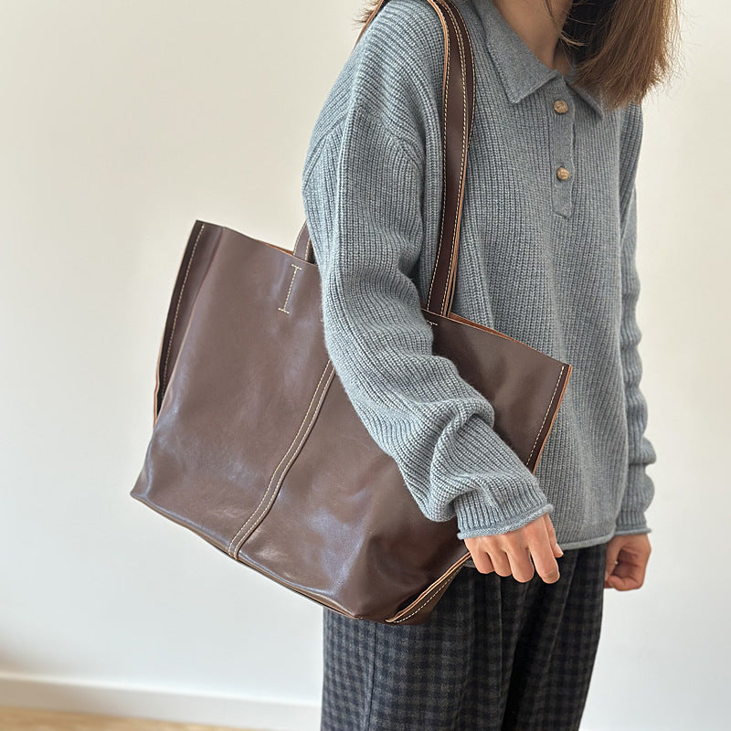 Genuine Top Layer Cowhide Tote Bag for Women, New Vintage Large Capacity Shoulder Top Handle Handbag, Minimalist Everyday Purse for Ladies