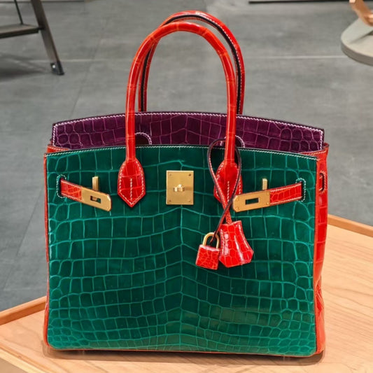 Genuine Leather High-Gloss Crocodile-Embossed Birkin-Style Bag for Women, Large Capacity Three-Color Patchwork Top Handle Purse, Premium Handbag for Ladies